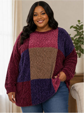 Women's Extra Point Plus 3X Colorblock Sweater Burgundy Purple